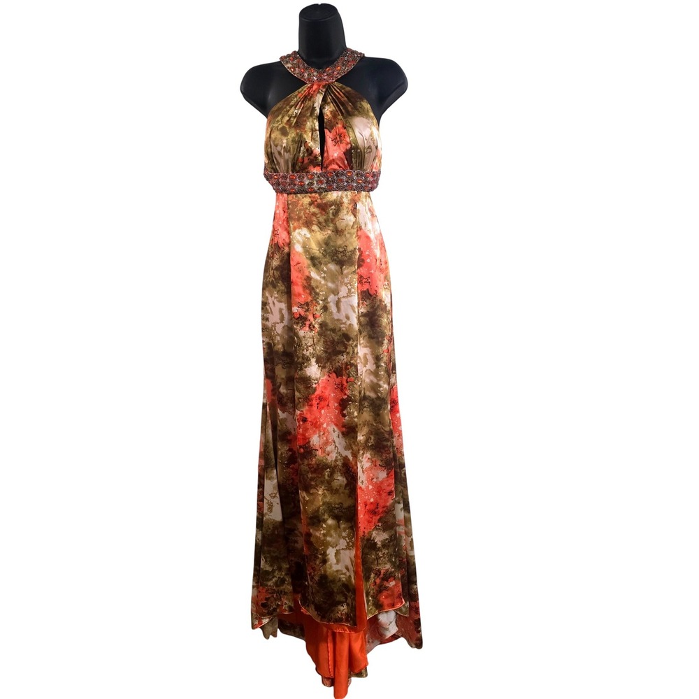 Party Time Womens Orange Abstract Floral Beaded Halter Neck Maxi Dress Sz 10